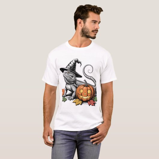 Bearded Dragon Witch en pompoen T-shirt (Voorkant volledig)