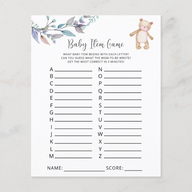 Bearly Baby Item Spel. Baby Shower Spel (Voorkant)