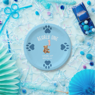 Bearly One | Bruine Teddybeer Eerste Verjaardag Papieren Bordje