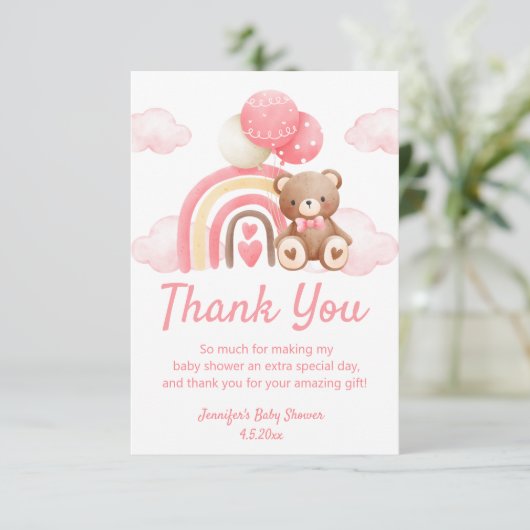 Bearly Wacht, Meisje baby shower Teady beer Pink Bedankkaart (Staand voorkant)