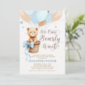 Bearly Wait Balloons Bow Blue Tan Boy Baby shower Kaart (Staand voorkant)