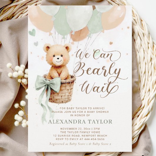 Bearly Wait Balloons Bow Sage Tan Chic Baby shower Kaart
