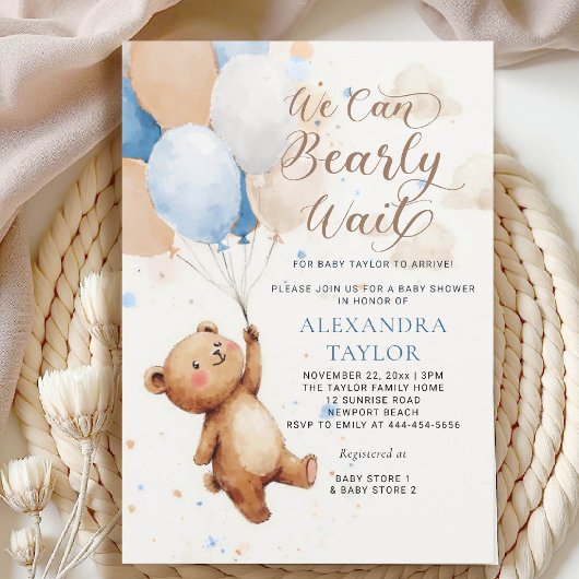 Bearly Wait Balloons Waterverf Boy Baby shower Kaart