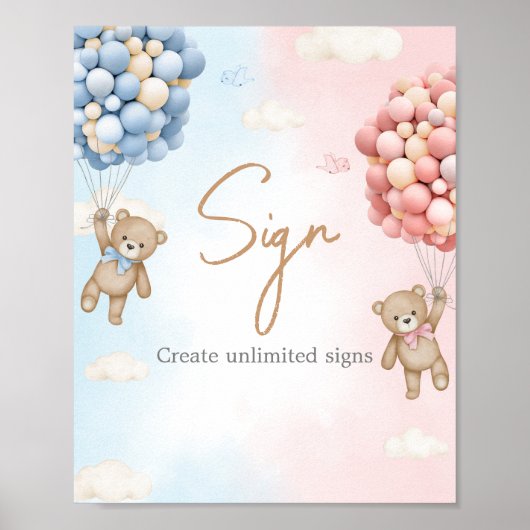 Bearly Wait Bear Balloon Gender Reveal Sign Poster (Voorkant)