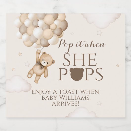 Bearly Wait Beer Ballon She Poppen Baby shower Sparkling Wijnetiket (Enkel label)