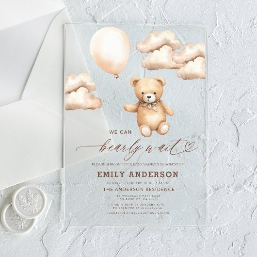 Bearly Wait Beige Genderneutraal Baby shower Acryl Uitnodigingen