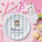 Bearly wait blauw retro strepen  baby shower papieren bordje (Feest)
