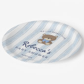 Bearly wait blauw retro strepen  baby shower papieren bordje (Gekanteld)