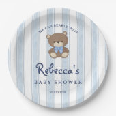 Bearly wait blauw retro strepen  baby shower papieren bordje (Voorkant)
