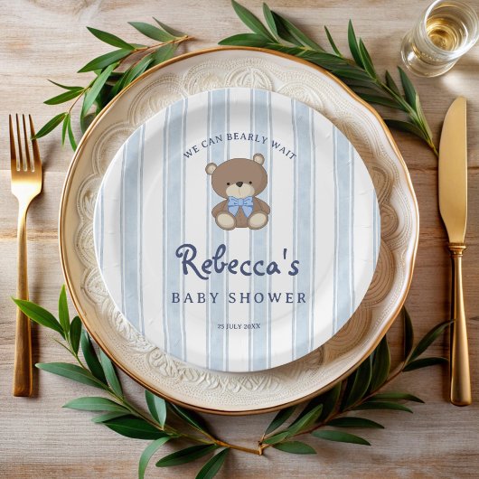 Bearly wait blauw retro strepen  baby shower papieren bordje