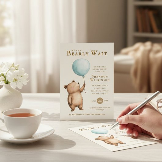 Bearly Wait blauwe Ballon Baby Shower QR Code  Kaart