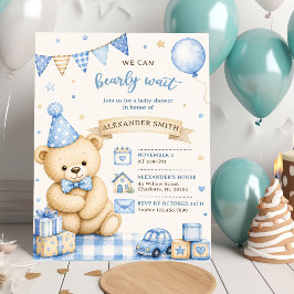 Bearly Wait Blauwe Teddibeer Baby Shower Kaart