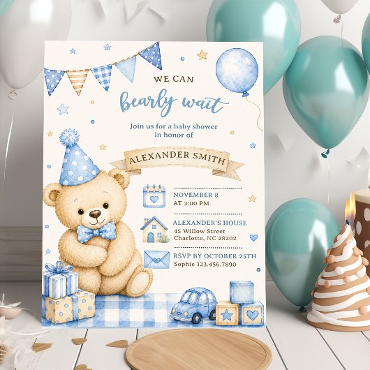 Bearly Wait Blauwe Teddibeer Baby Shower Kaart