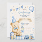 Bearly Wait Blauwe Teddibeer Baby Shower Kaart (Voorkant)