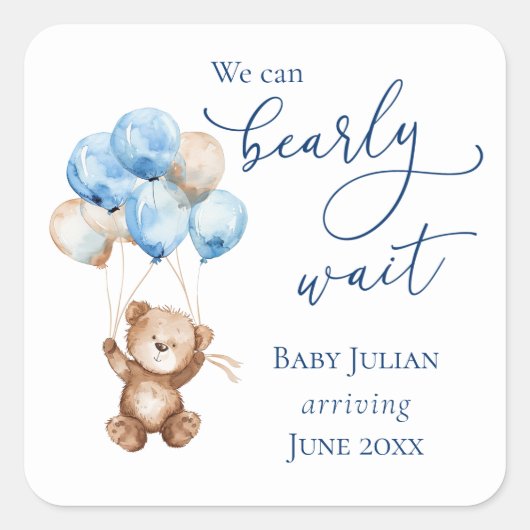 Bearly Wait Blauwe Teddybeer Baby Shower Vierkante Sticker (Voorkant)