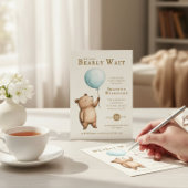 Bearly Wait blue Balloon Baby Shower QR Code  Kaart