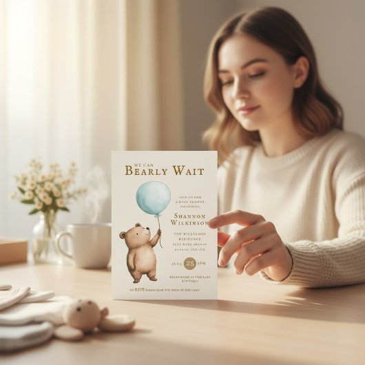 Bearly Wait blue Balloon Baby Shower QR Code  Kaart
