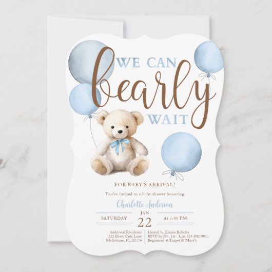 Bearly Wait Blue Balloon Teddy Bear Baby shower Kaart (Voorkant)