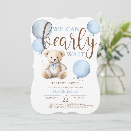 Bearly Wait Blue Balloon Teddy Bear Baby shower Kaart (Staand voorkant)