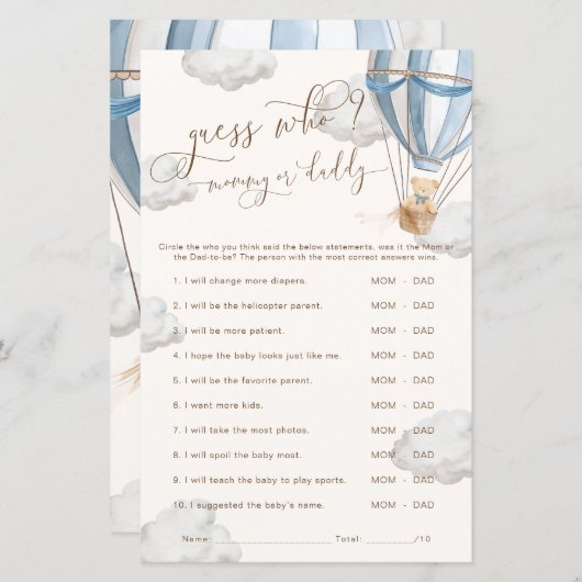 Bearly Wait Blue Guess Who Baby Shower Game (Voorkant / Achterkant)