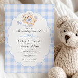 Bearly Wait Blue Teddy Bear Baby Shower Invite Kaart<br><div class="desc">Celebrate the upcoming arrival with this adorable “We Can Bearly Wait” baby shower invitation. This sweet design features a charming watercolor teddy bear with a blue bow and pacifier, set against a soft blue gingham background with an elegant scalloped frame. Perfect for a baby boy shower, teddy bear themed baby...</div>