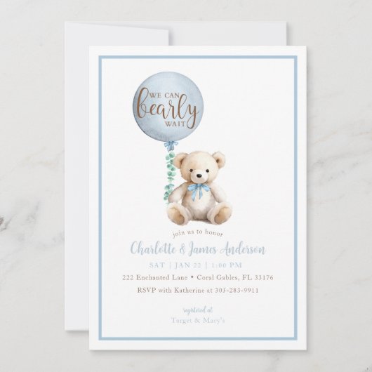 Bearly Wait Blue Teddy Bear Baby shower Uitnodigen Kaart (Voorkant)