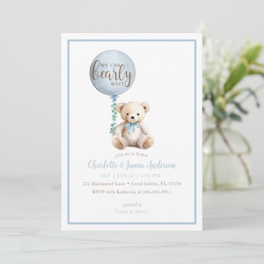 Bearly Wait Blue Teddy Bear Baby shower Uitnodigen Kaart (Staand voorkant)
