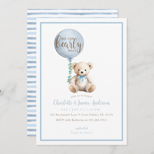 Bearly Wait Blue Teddy Bear Baby shower Uitnodigen Kaart (Voorkant / Achterkant)