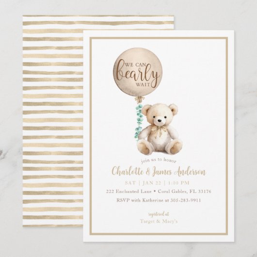 Bearly Wait Brown Teddy Bear Baby shower Uitnodige Kaart (Voorkant / Achterkant)