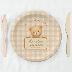 Bearly Wait Bruine Gingham & Teddybeer Baby Shower Papieren Bordje