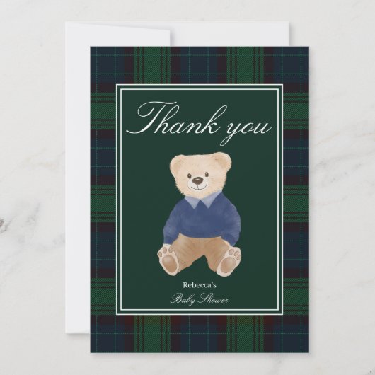 Bearly wait classic plaid baby shower bedankkaart (Voorkant)