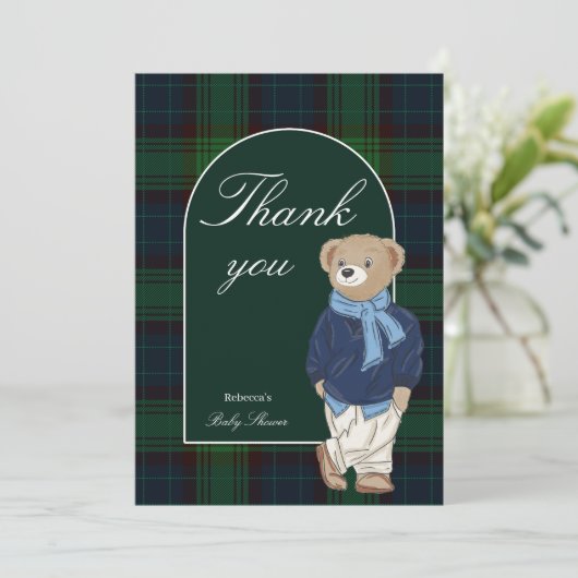 Bearly wait classic plaid baby shower bedankkaart (Staand voorkant)