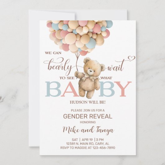 Bearly wait gender reveal invite, bear balloons. kaart (Voorkant)