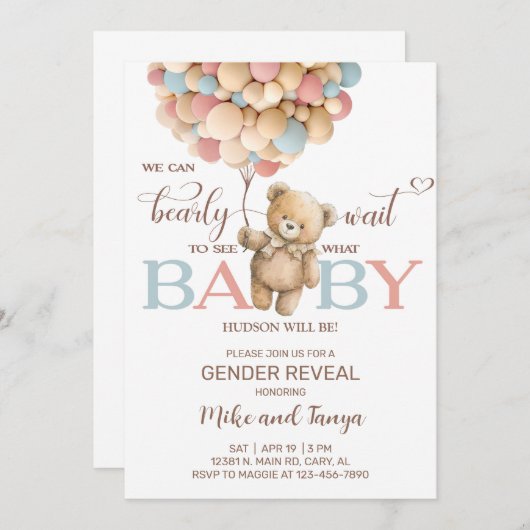 Bearly wait gender reveal invite, bear balloons. kaart (Voorkant / Achterkant)