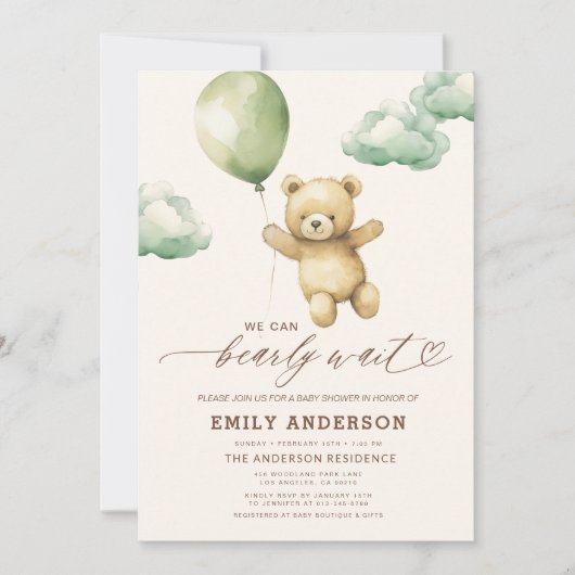 Bearly Wait Genderneutraal groen Baby shower Kaart (Voorkant)