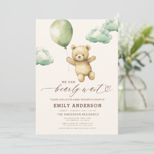 Bearly Wait Genderneutraal groen Baby shower Kaart (Staand voorkant)