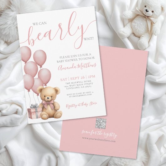 Bearly Wait Girl Pink Bear Baby Shower Kaart