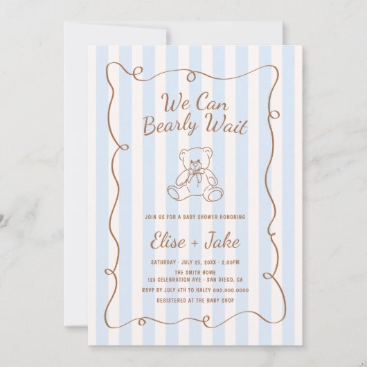 Bearly Wait Hand Drawn Blue Stripes Baby Shower Kaart (Voorkant)