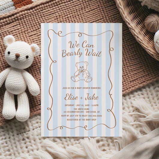 Bearly Wait Hand Drawn Blue Stripes Baby Shower Kaart