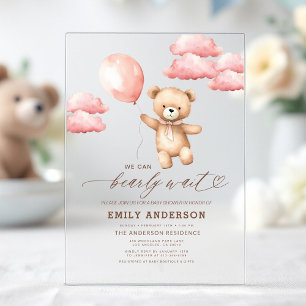 Bearly Wait Neutraal Beige & Roze Meisje Baby Show Acryl Uitnodigingen
