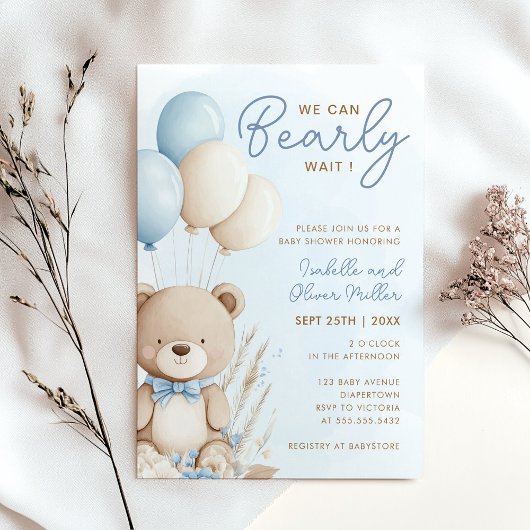 Bearly Wait Neutraal Blauw en Wit Baby shower Kaart