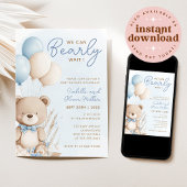 Bearly Wait Neutraal Blauw en Wit Baby shower Kaart