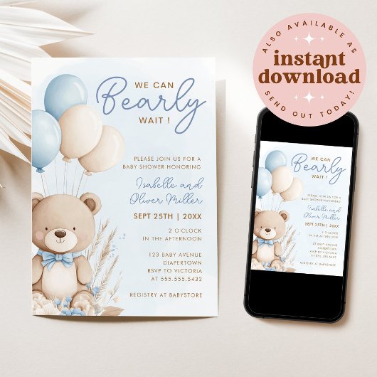 Bearly Wait Neutraal Blauw en Wit Baby shower Kaart