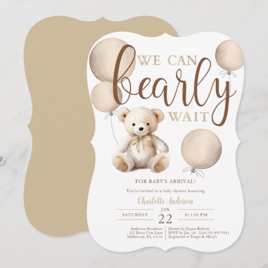 Bearly Wait Neutral Balloon Teddy Bear-Baby shower Kaart (Voorkant / Achterkant)