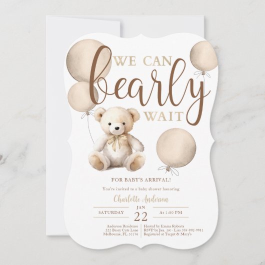 Bearly Wait Neutral Balloon Teddy Bear-Baby shower Kaart (Voorkant)