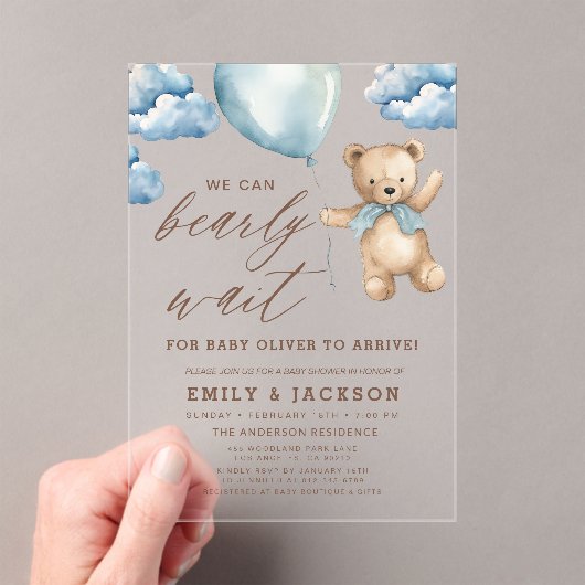 Bearly Wait Neutral Beige & Blue Boy Baby shower Acryl Uitnodigingen (Insitu (Draagbaar))