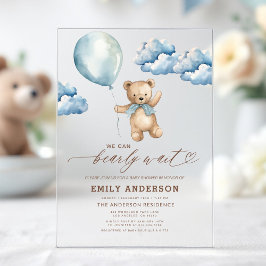 Bearly Wait Neutral Beige & Blue Boy Baby shower Acryl Uitnodigingen