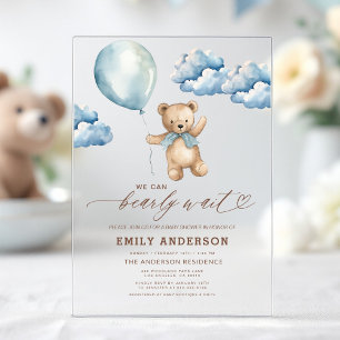 Bearly Wait Neutral Beige & Blue Boy Baby shower Acryl Uitnodigingen