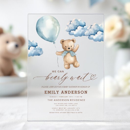 Bearly Wait Neutral Beige & Blue Boy Baby shower Acryl Uitnodigingen