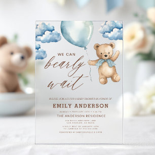 Bearly Wait Neutral Beige & Blue Boy Baby shower Acryl Uitnodigingen